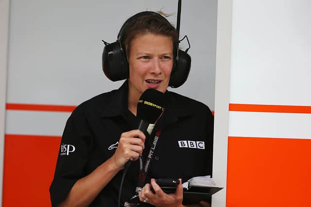 BBC Radio 5 pitlane reporter Jennie Gow at work during the Korean Formula One Grand Prix at Korea International Circuit on October 6, 2013 in Yeongam-gun, South Korea.  (Photo by Mark Thompson/Getty Images)