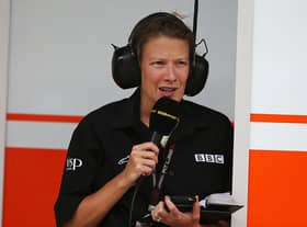 BBC Radio 5 pitlane reporter Jennie Gow at work during the Korean Formula One Grand Prix at Korea International Circuit on October 6, 2013 in Yeongam-gun, South Korea.  (Photo by Mark Thompson/Getty Images)