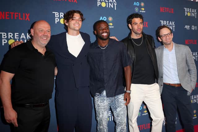 Paul Martin, Break Point Executive Producer, Taylor Fritz, Frances Tiafoe, Matteo Berrettini and Gabe Spitzer, Director of Documentary Series arrives to the Netflix Break Point event ahead of the 2023 Australian Open at Melbourne Park on January 12, 2023 in Melbourne, Australia. 