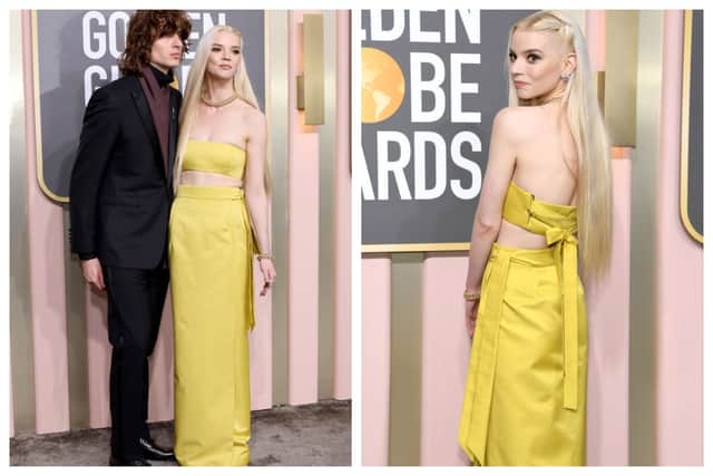 Anya Taylor-Joy wore a yellow two-piece Dior outfit to the Golden Globes 2023. Here she is with boyfriend Malcolm McRae. Photographs by Getty. 