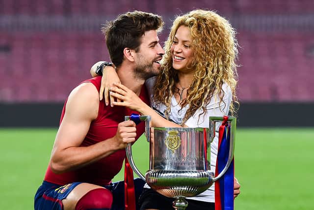 Before the split, Shakira and Gerard pictured celebrating his trophy win. Gerard Piqué of FC Barcelona and Shakira pose with the trophy after FC Barcelona won the Copa del Rey Final match against Athletic Club at Camp Nou on May 30, 2015 in Barcelona, Spain. (Photo by David Ramos/Getty Images)