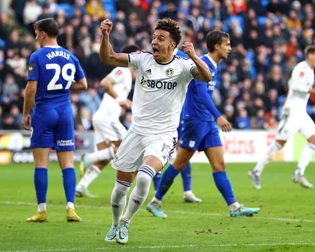 Rodrigo Moreno celebrates scoring for Leeds against Cardiff City