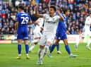 Rodrigo Moreno celebrates scoring for Leeds against Cardiff City