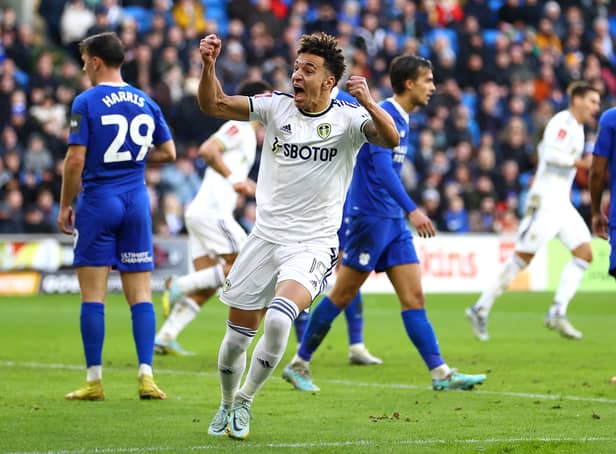 <p>Rodrigo Moreno celebrates scoring for Leeds against Cardiff City</p>