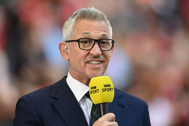 Sports Broadcaster, Gary Lineker presents prior to The Emirates FA Cup Semi-Final match between Manchester City and Liverpool at Wembley Stadium on April 16, 2022 in London, England. (Photo by Shaun Botterill/Getty Images)