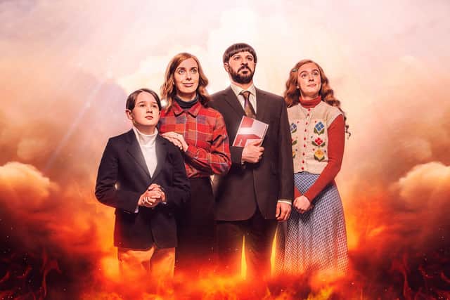 Harry Connor as Aaron, Kate O’Flynn as Fiona, Simon Bird as David, and Amy James-Kelly as Rachel in a promotional image for Everyone Else Burns, surrounded by flames (Credit: Channel 4)