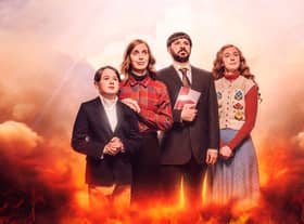 Harry Connor as Aaron, Kate O’Flynn as Fiona, Simon Bird as David, and Amy James-Kelly as Rachel in a promotional image for Everyone Else Burns, surrounded by flames (Credit: Channel 4)