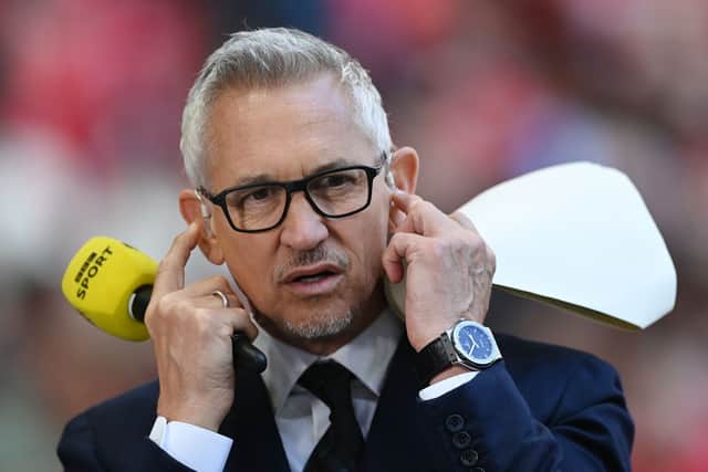 Sports Broadcaster, Gary Lineker reacts prior to The Emirates FA Cup Semi-Final match between Manchester City and Liverpool at Wembley Stadium on April 16, 2022 in London, England. (Photo by Shaun Botterill/Getty Images)