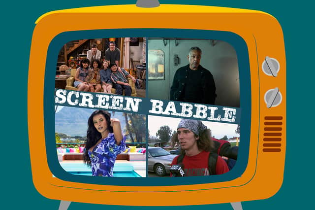 <p>A cover image for Screen Babble #9. Images from That ‘90s Show, Kaleidoscope, The Hatchet Wielding Hitchhiker, and Love Island are inside the regular orange television design. (Credit: NationalWorld Graphics)</p>