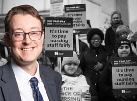 Composite image of Simon Clarke and nurses striking for extra pay. Picture: Parliament/ Getty Images