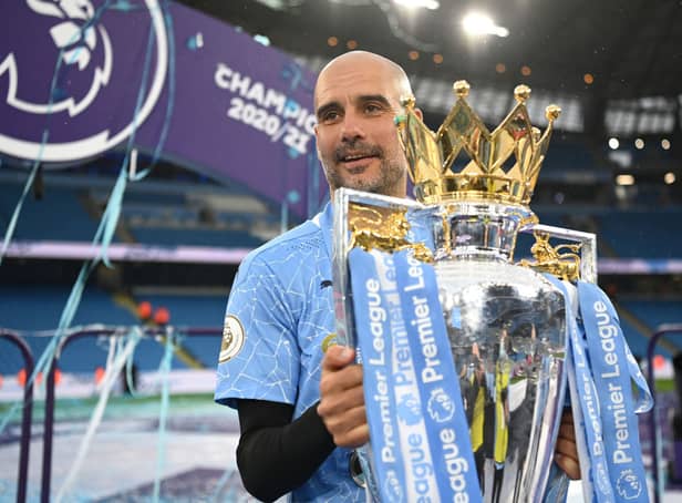 <p>Manchester City’s Pep Guardiola celebrates league title in 2021</p>