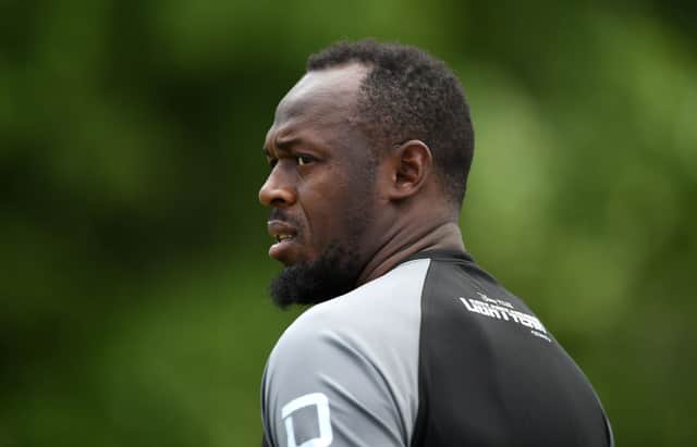 <p>Usain Bolt of World XI FC arrives during a Soccer Aid for Unicef 2022 Training Session at Champneys Tring on June 10, 2022 in Tring, England. (Photo by Alex Davidson/Getty Images)</p>