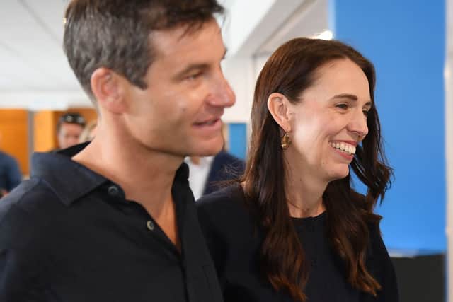 New Zealand Prime Minister Jacinda Ardern with her partner Clarke Gayford after she announces her resignation at the War Memorial Centre on January 19, 2023 in Napier, New Zealand. (Photo by Kerry Marshall/Getty Images)