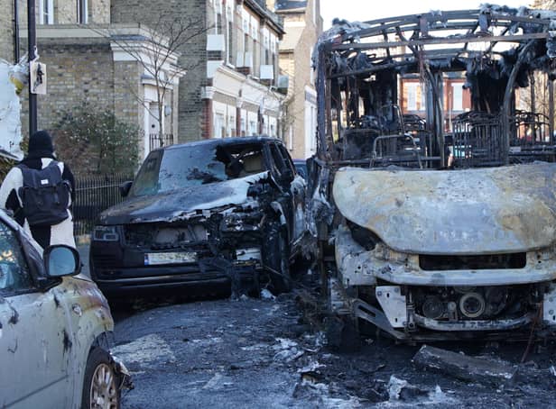 <p>The burnt out remains of a 30-seater bus that was damaged by fire, along with six other vehicles and surrounding properties, on Wilton Way in Hackney, east London. Picture date: Friday January 20, 2023.</p>