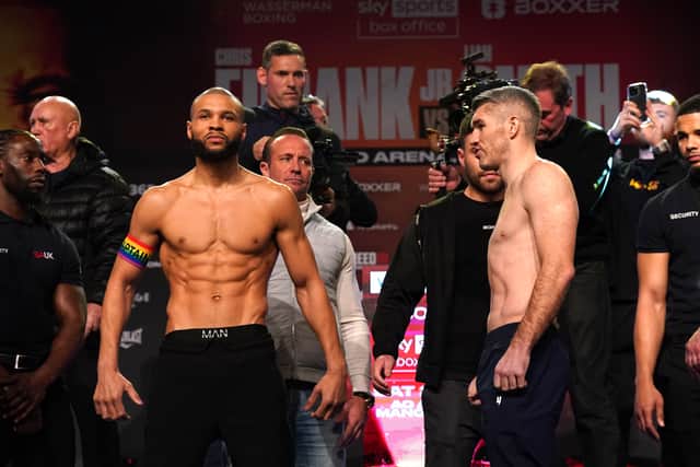 Chris Eubank Jr (left) and Liam Smith during the weigh-in at the Manchester Central Convention Complex, Manchester. Picture date: Friday January 20, 2023.