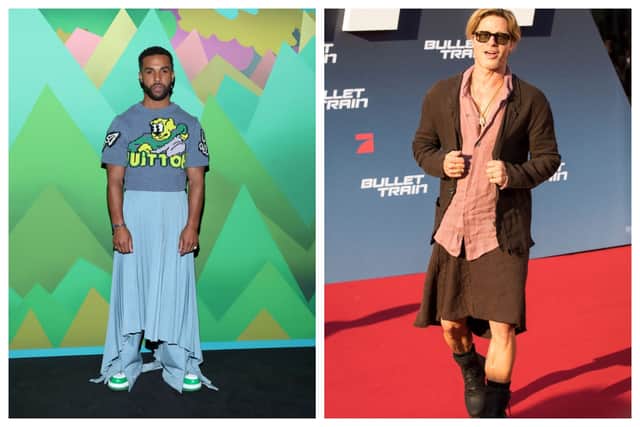 Lucien Laviscount and Brad Pitt are two celebrities who have both rocked a skirt. Photographs by Getty 