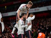 United celebrate Rashford’s goal against Arsenal on Sunday
