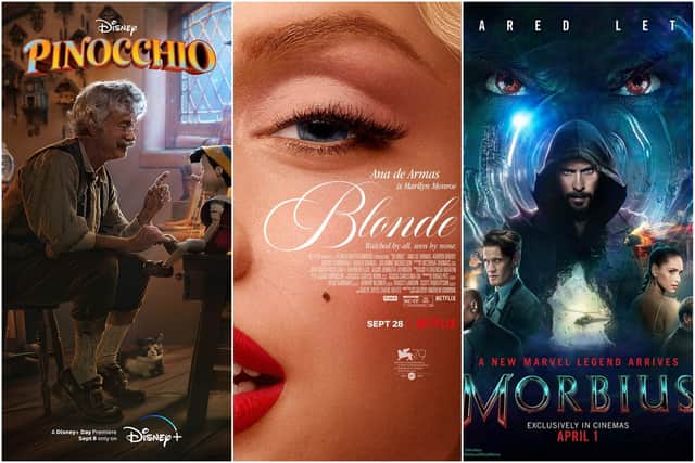 Disney’s Pinocchio, Blonde and Morbius are three of the most nominated films at this year’s Razzie ‘Awards’ (Images: Disney+/Netflix/Sony Pictures Releasing)