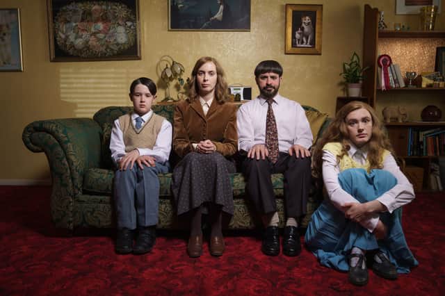 Harry Connor as Aaron, Kate O’Flynn as Fiona, Simon Bird as David, and Amy James-Kelly as Rachel in Everyone Else Burns, sat on an old sofa (Credit: Channel 4)