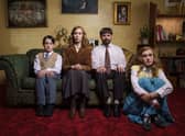 Harry Connor as Aaron, Kate O’Flynn as Fiona, Simon Bird as David, and Amy James-Kelly as Rachel in Everyone Else Burns, sat on an old sofa (Credit: Channel 4)