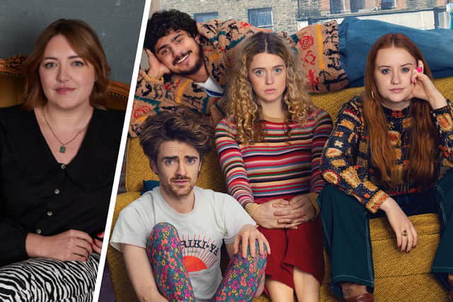 Left: Emma Moran. Right: Bilal Hasna as Kash, Luke Rollason as Jizzlord The Human, Sofia Oxenham as Carrie, and Máiréad Tyers as Jen in Extraordinary (Credit: Disney+)