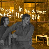 Pedro Pascal as Joel and Bella Ramsey as Ellie in The Last of Us, in black and white against an edited yellow background (Credit: HBO/NationalWorld Graphics)