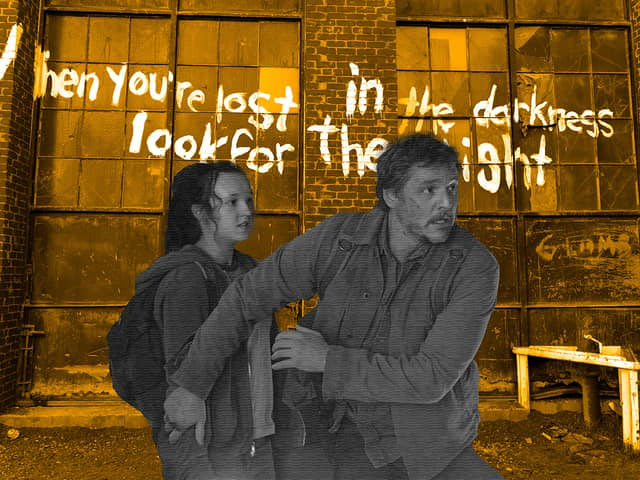 Pedro Pascal as Joel and Bella Ramsey as Ellie in The Last of Us, in black and white against an edited yellow background (Credit: HBO/NationalWorld Graphics)
