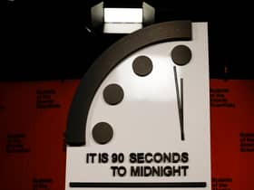 The 2023 Doomsday Clock is displayed before a live-streamed event. (Getty Images)