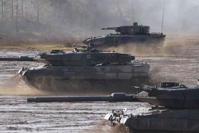 Two Leopard 2 tanks pictured in Germany on 7 February, 2022. It comes as reports suggest Germany will send tanks to help the war effort in Ukraine. Credit: Getty Images