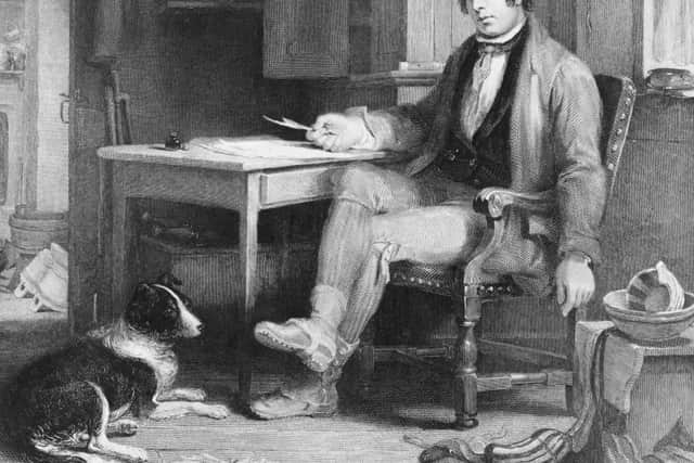 Image from circa 1786: Scottish poet Robbie Burns (1759 - 1796) in his cottage composing 'The Cotter's Saturday Night'. Most of his later literary work consisted of songs and he wrote many of his most famous works for 'A Collection of Original Scottish Airs' which included 'Auld Lang Syne', 'A Red, Red Rose' and 'Scots Wha Hae'. Burns died on July 21st 1796. His life and work are celebrated on Burns Night, 25th January. (Photo by Hulton Archive/Getty Images)