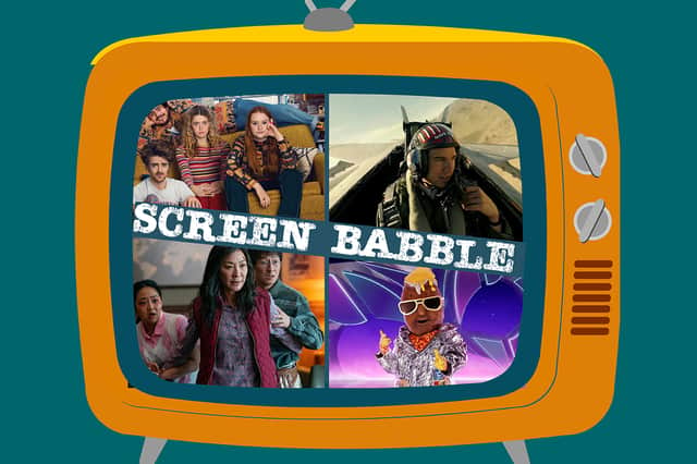 The orange Screen Babble television, with images from Extraordinary, Top Gun: Maverick, The Masked Singer, and Everything Everywhere All At Once (Credit: NationalWorld Graphics)