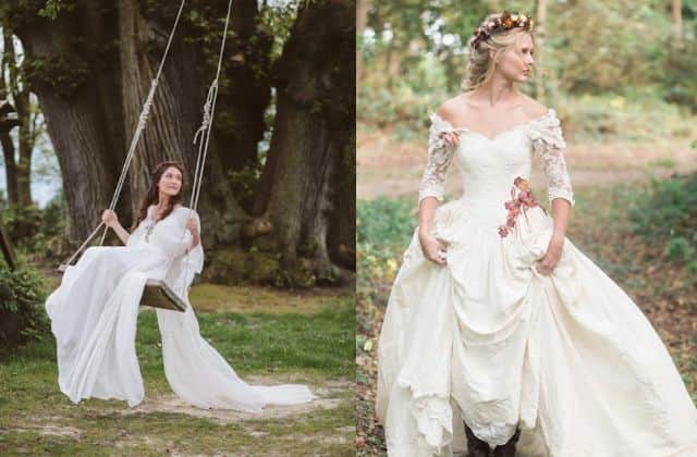 These Real Green Dresses are both from her Evolution range, which are unique remodelled gowns created with vintage fabrics (Pics: left, Sarah London Photography; right, Lily Bean Photography)
