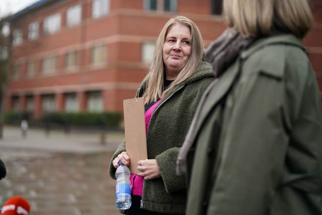 Sarah Andrews (left) delivers a statement outside Nottingham Magistrates’ Court, after Nottingham University Hospitals NHS Trust pleaded guilty to two counts of being a registered person which failed to provide care and treatment in a safe way resulting in harm or loss, over the death of her daughter Wynter Sophia Andrews. Credit: PA