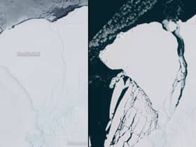 Satellite imagery from the European Space Agency show the Brunt Ice Shelf in October 2022, and again following the recent calving event (Image: European Space Agency)