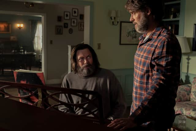 Nick Offerman as Bill and Murray Bartlett as Frank in The Last of Us, playing piano (Credit: HBO)