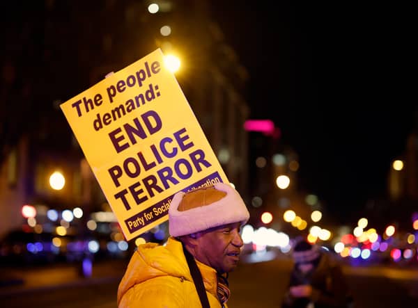 A demonstrator participates in a protest against the police killing of Tyre Nichols on January 27, 2023. (Photo by Tasos Katopodis/Getty Images)
