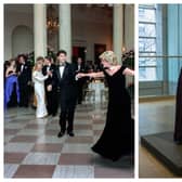 (On the left) Princess Diana dancing with John Travolta in a Victor Edelstein dress. The dress on the right is the gown that sold in the auction. Photographs by Getty