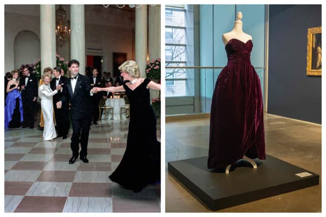 (On the left) Princess Diana dancing with John Travolta in a Victor Edelstein dress. The dress on the right is the gown that sold in the auction. Photographs by Getty