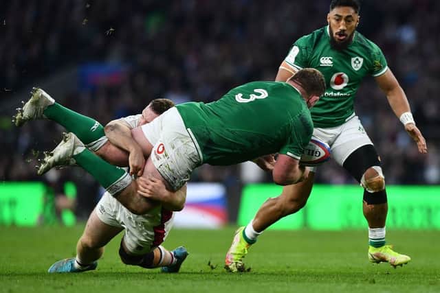 Tadgh Furlong tackled in 2022 Six Nations fixture