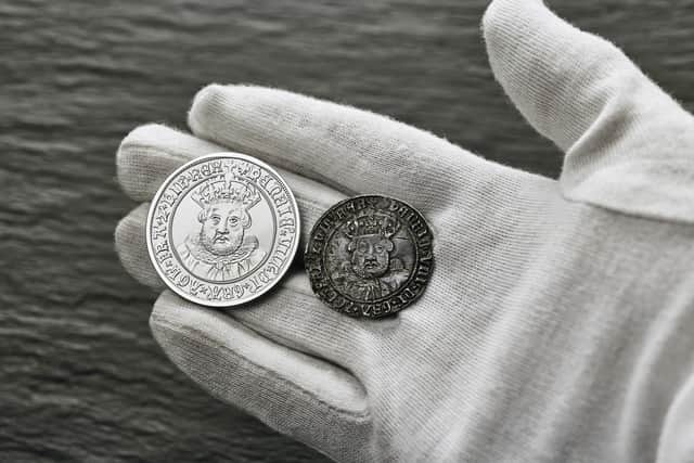 A photo issued by the Royal Mint of a original coin featuring Henry VIII (right) and a coin featuring a remastered portrait of Henry VIII which has been unveiled by the Royal Mint.