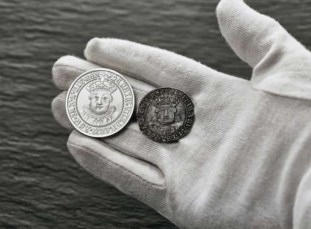 <p>A photo issued by the Royal Mint of a original coin featuring Henry VIII (right) and a coin featuring a remastered portrait of Henry VIII which has been unveiled by the Royal Mint.</p>