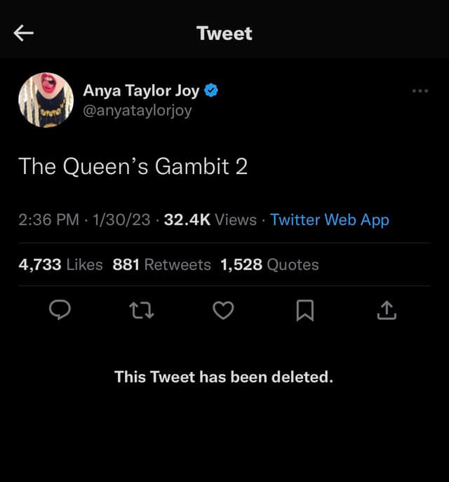 A now-deleted tweet from Anya Taylor-Joy’s Twitter account hinted at a second series of The Queen’s Gambit. (Credit: Twitter)