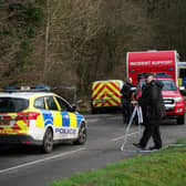 Police at Gravelly Hill in Caterham, Surrey, where a dog attacked Natasha Johnston (Photo: PA)