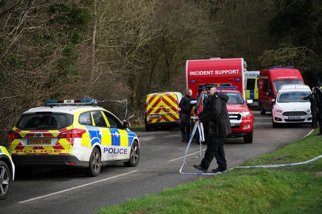 Police at Gravelly Hill in Caterham, Surrey, where a dog attacked Natasha Johnston (Photo: PA)