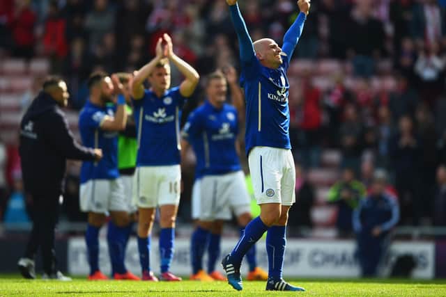 Esteban Cambiasso of Leicester City celebrates avoiding relegation. (Getty Images)