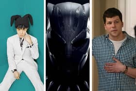 j-hope on the cover of his album Jack in the Box; the Black Panther mask; Jesse Eisenberg as Toby Fleishman in Fleishman is in Trouble (Credit: Disney+)