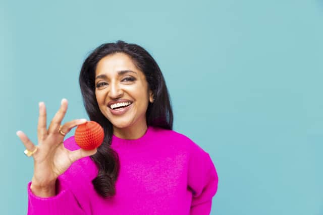 Actress Sindu Vee sporting the new transforming red nose in support of Red Nose Day 2023 (Photo: PA Media/Comic Relief)