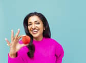 Actress Sindu Vee sporting the new transforming red nose in support of Red Nose Day 2023 (Photo: PA Media/Comic Relief)