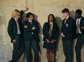 Lashay Anderson as Natalie in Consent, surrounded by leering peers from school (Credit: Channel 4)