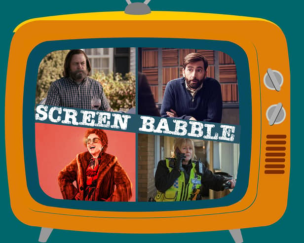 The orange Screen Babble television, featuring images from The Last of Us, Criminal: UK, Nolly, and Happy Valley (Credit: NationalWorld Graphics)